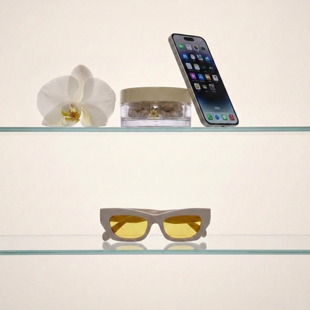 Sleep Primer, phone and Dream Shades on glass shelves